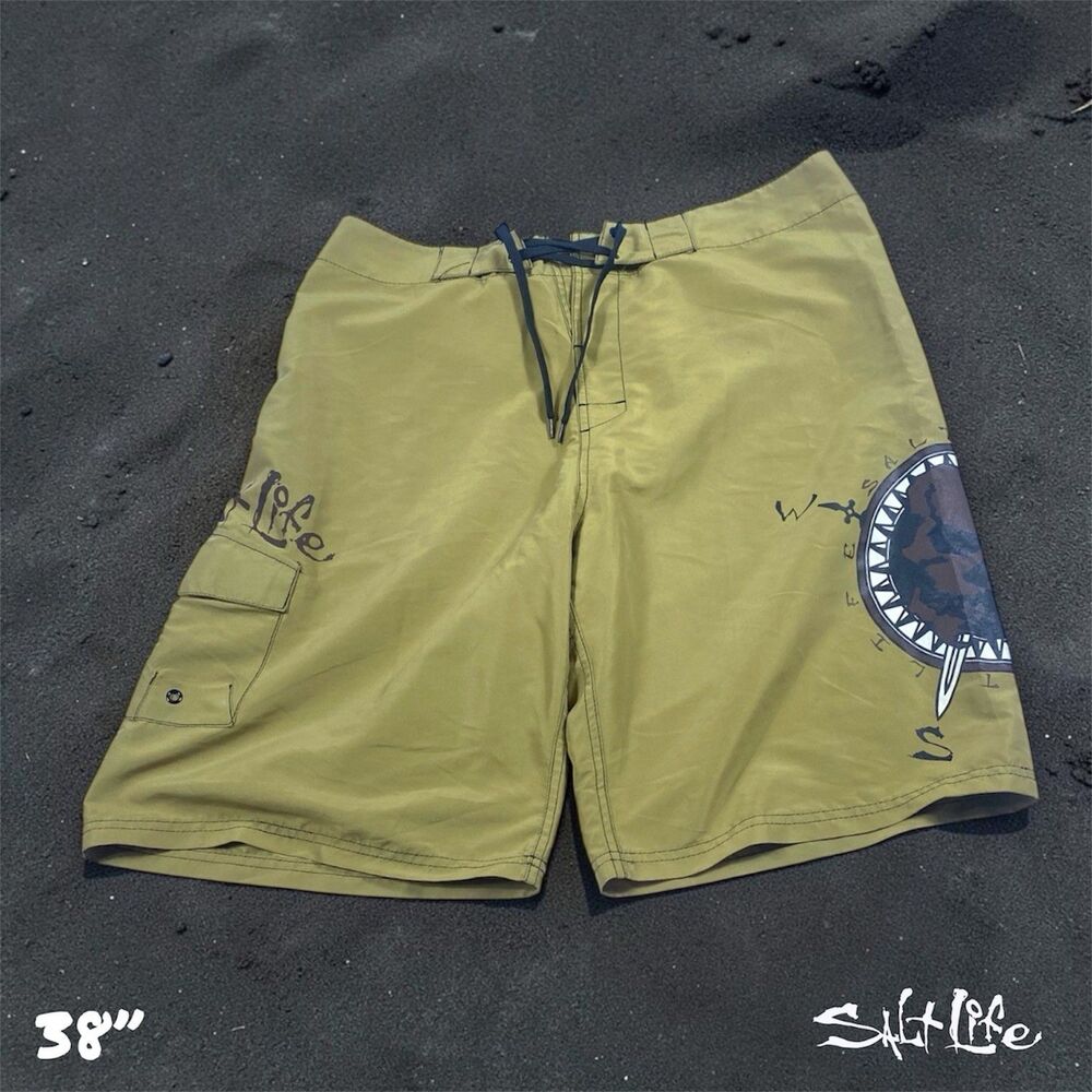 Salt Life Board Shorts Mens 38” Tan Quick Dry Cargo Pocket Swim Trunks Skull